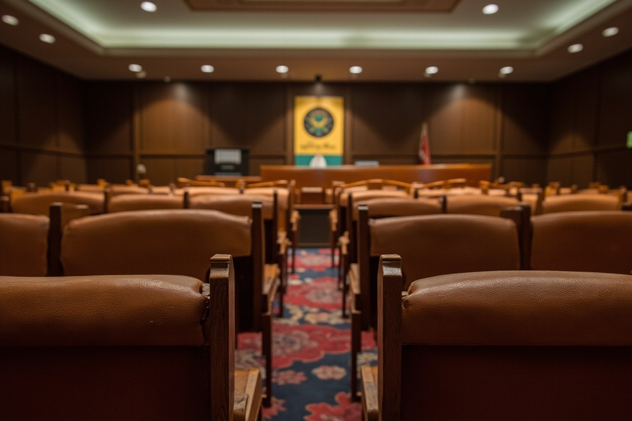 Empty federal hearing room with midmorning light across wooden seats