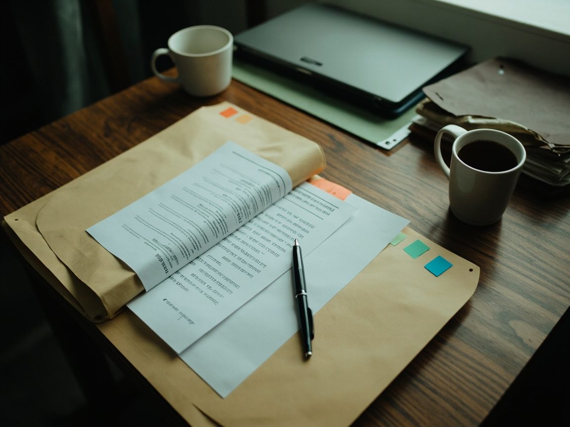 An open manila folder of clipped documents and a pen on a small business owner's wooden desk, beside a laptop and a mug of coffee.