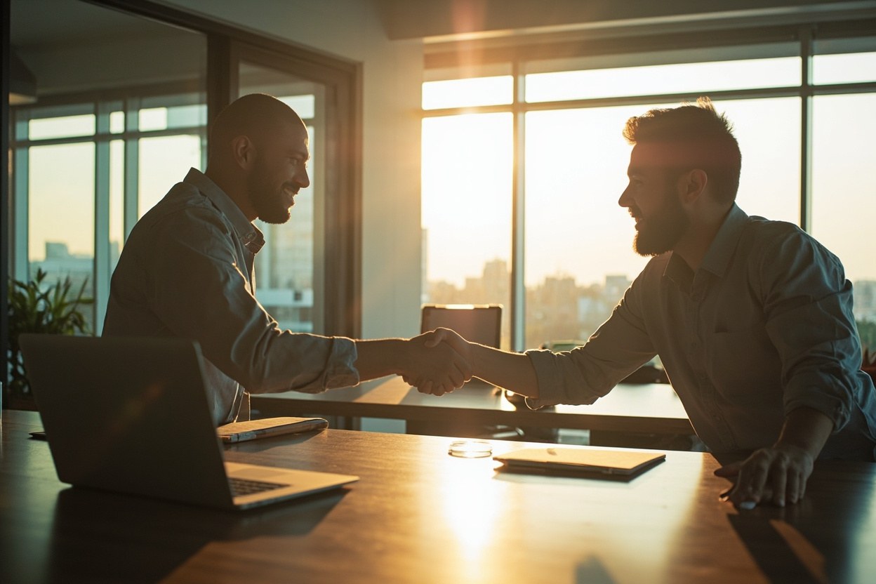 Two business owners shaking hands across a meeting table in a sunlit office interior
