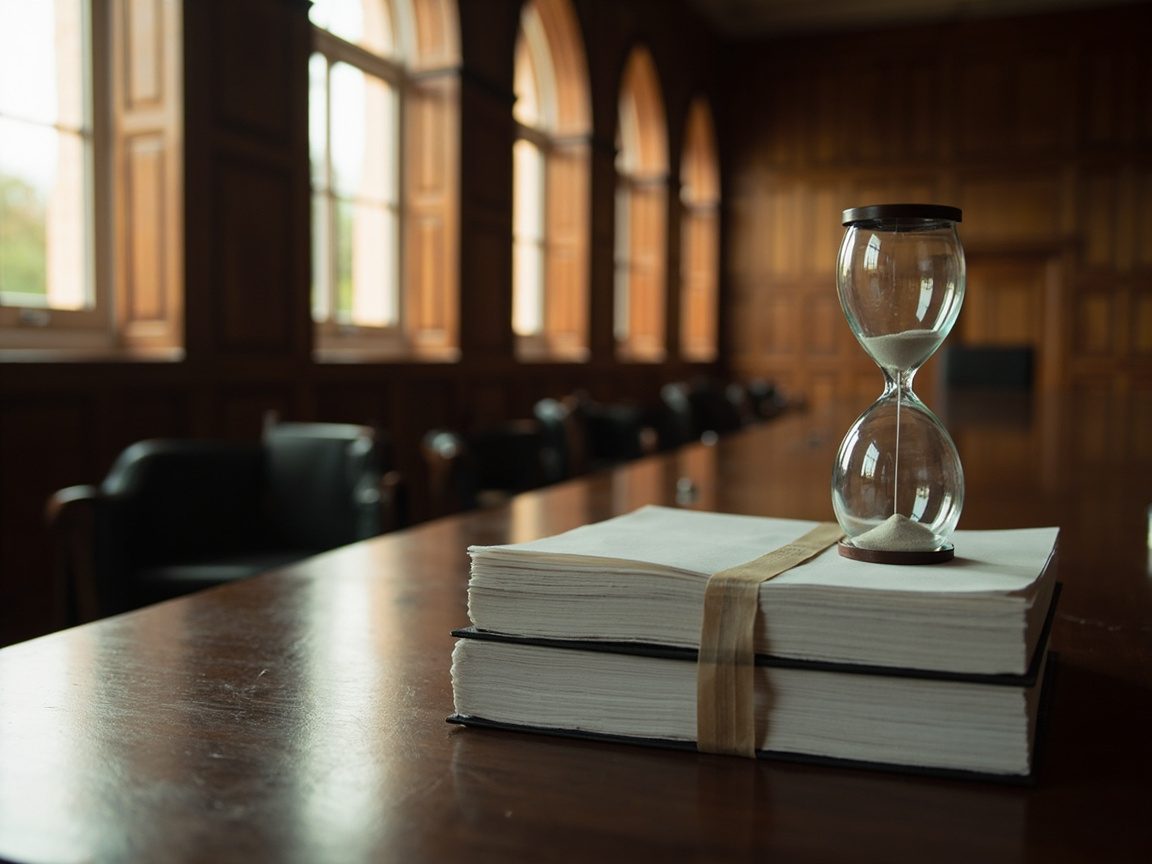 An hourglass with sand running through it stands on a ribbon-tied stack of documents at the end of a long wooden table in a wood-panelled hearing room with tall arched windows.