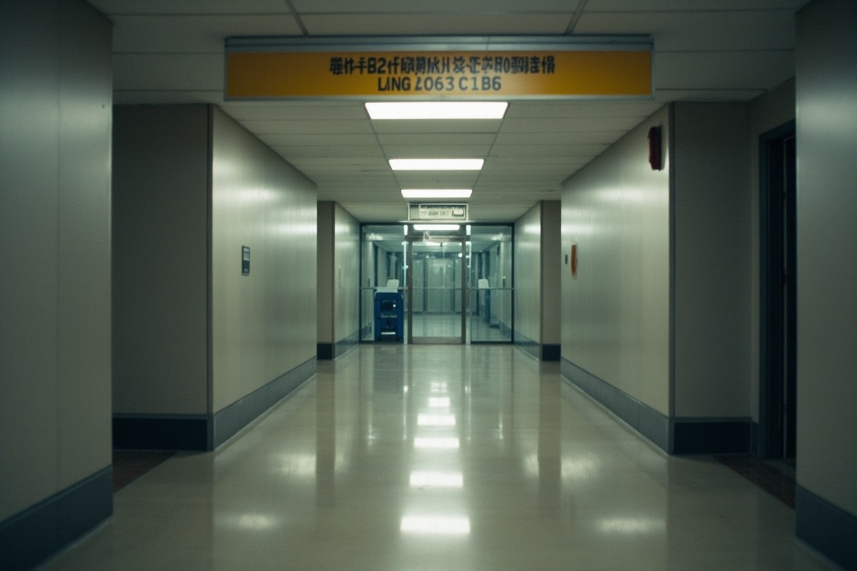 A government office corridor with overhead signage, fluorescent lighting, and a glass door marked for authorised personnel at the end of the hall.