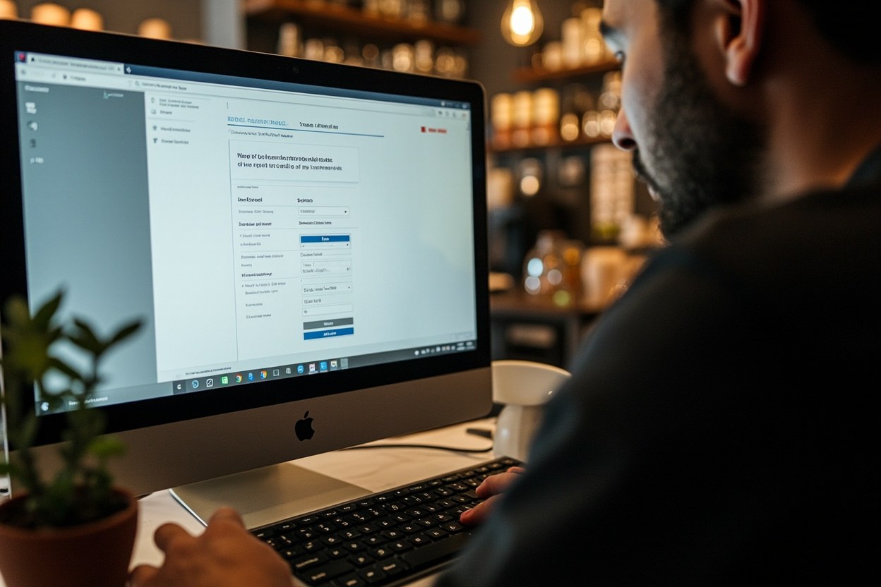 Close up of a small business owner at a coffee shop counter checking the yellow refresh banner on a refreshed entity dashboard with morning daylight