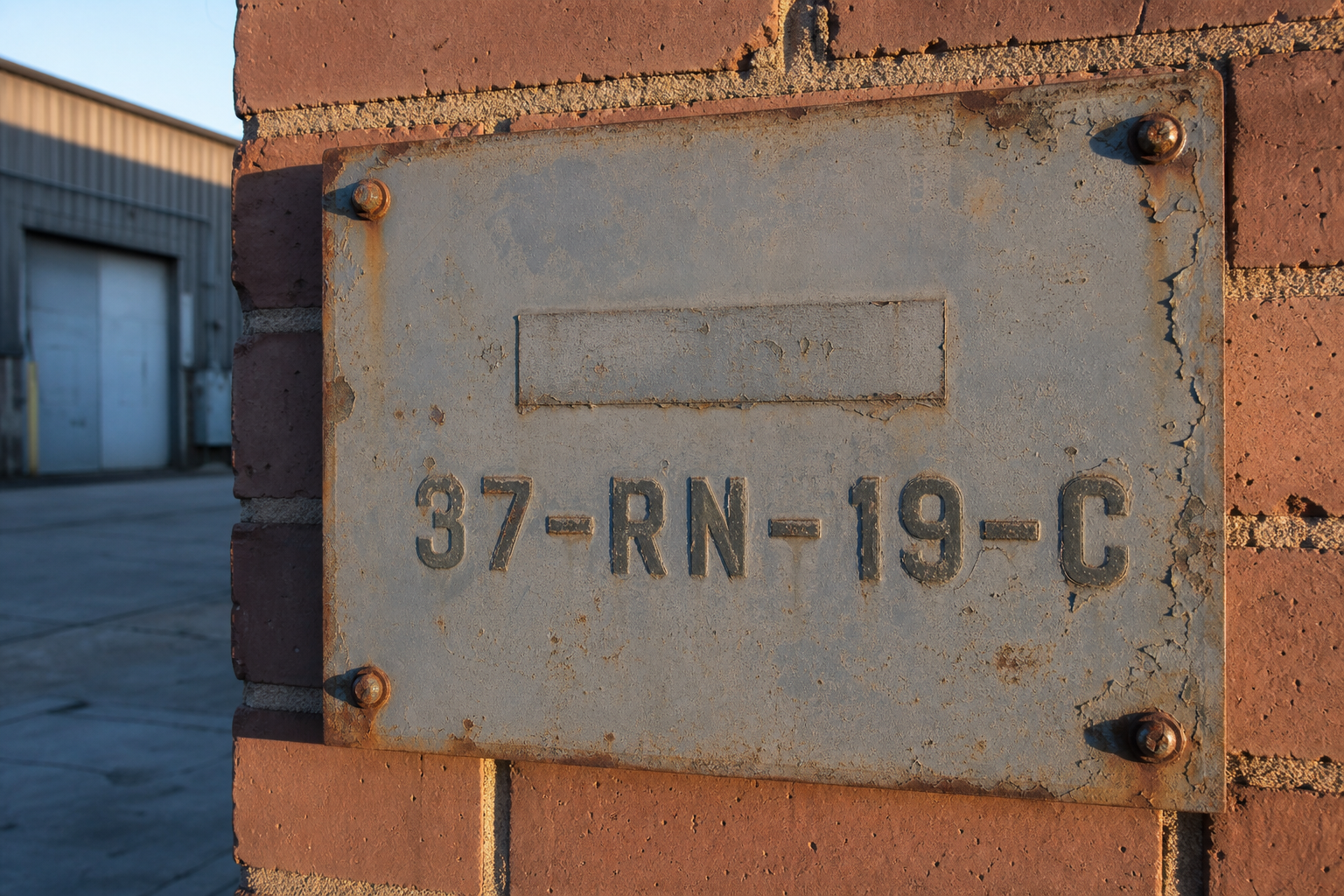 A weathered metal identification plate bolted to a brick warehouse wall.