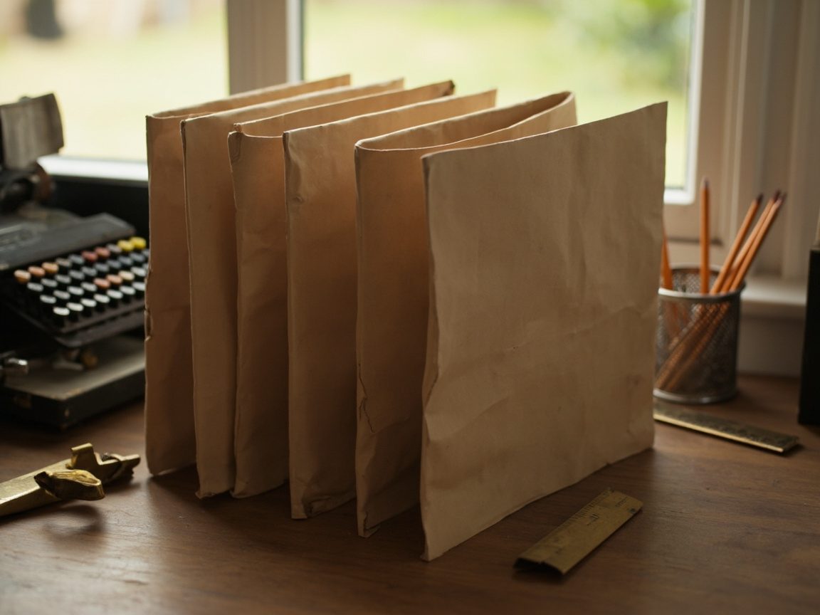 A row of plain manila folders standing on a wooden desk by a window, with a vintage adding machine to the left and a brass ruler and a cup of pencils to the right.