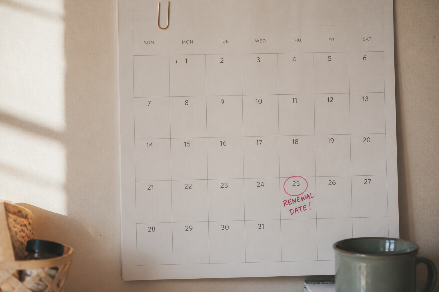 A wall calendar with a circled date and a coffee mug in morning kitchen light.