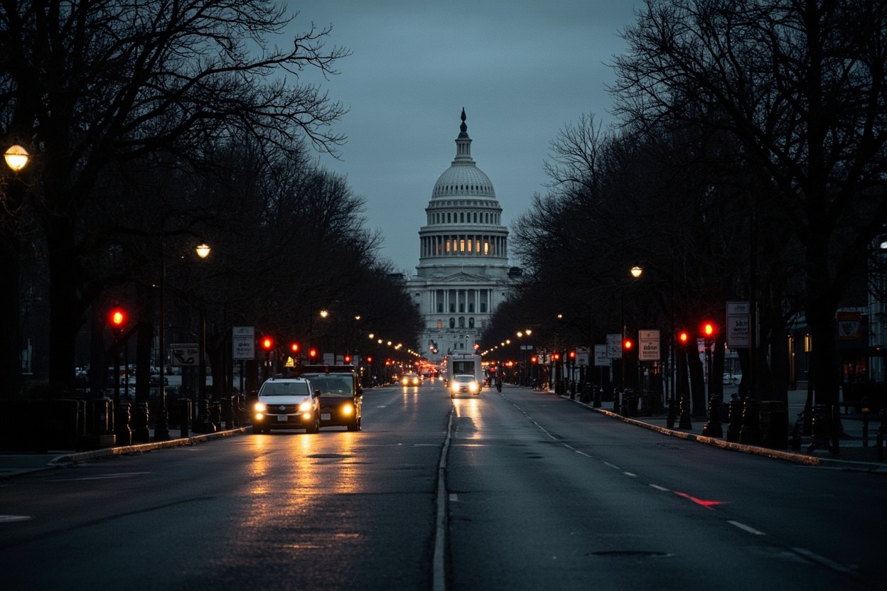 Empty Capitol Hill avenue at dawn with wet pavement reflecting streetlights after a federal funding lapse ends