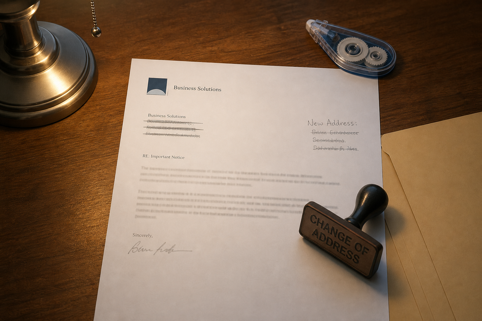A letterhead with the old address crossed out and a change-of-address stamp.