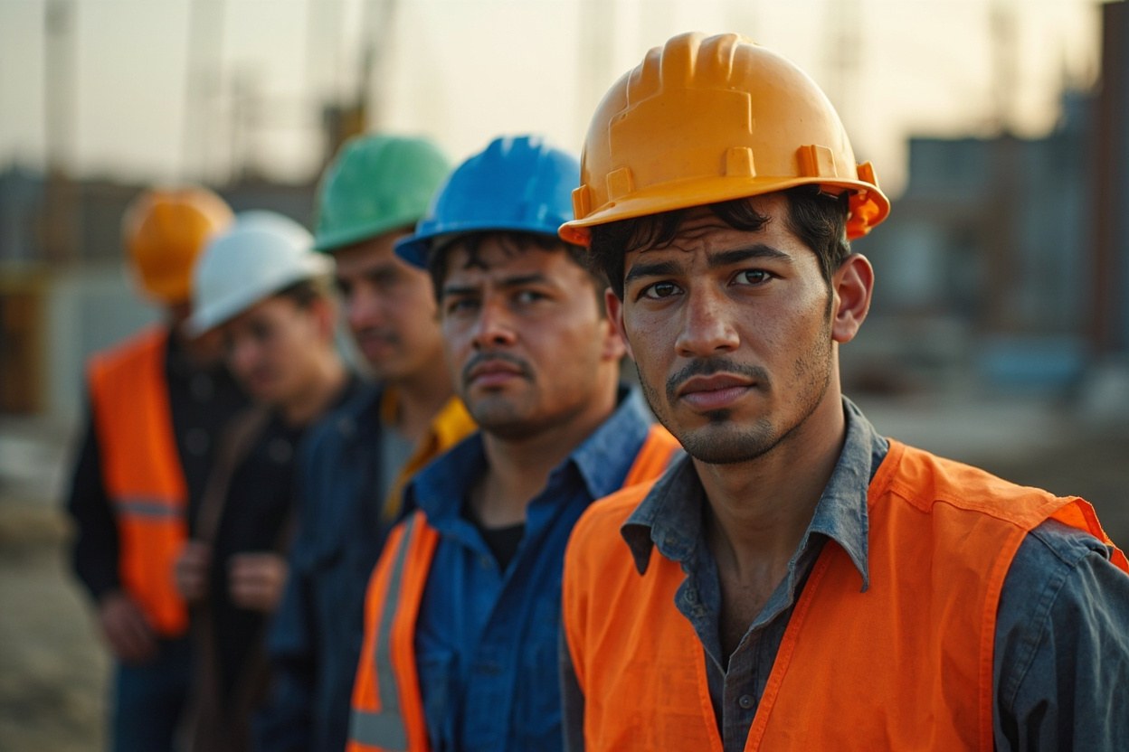 A row of workers in hard hats on a building site in early daylight