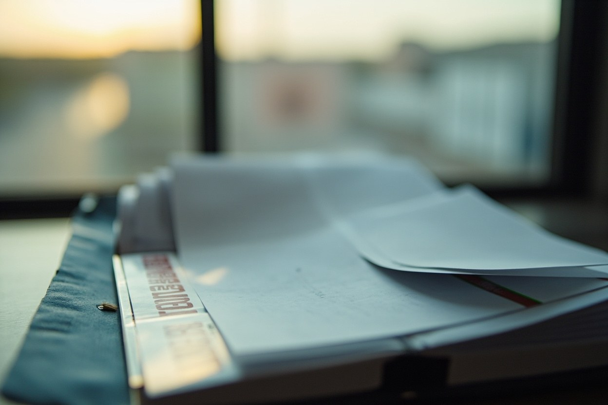 A close view of a labelled binder on a desk near a window, the kind of organised file a contractor builds before requesting an equitable adjustment after a stop work order