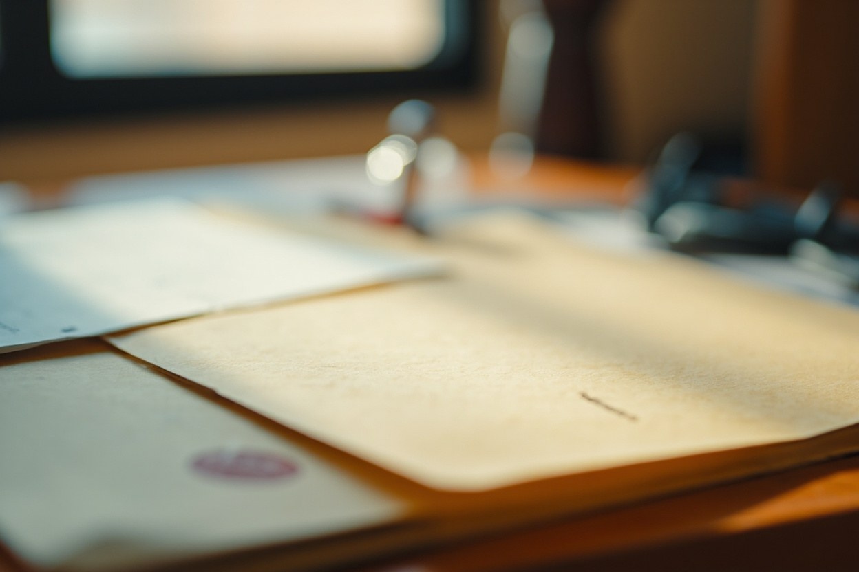 Close up of a kraft paper folder on an oak desk, with a rubber stamp imprint and a paperclip, lit by window daylight
