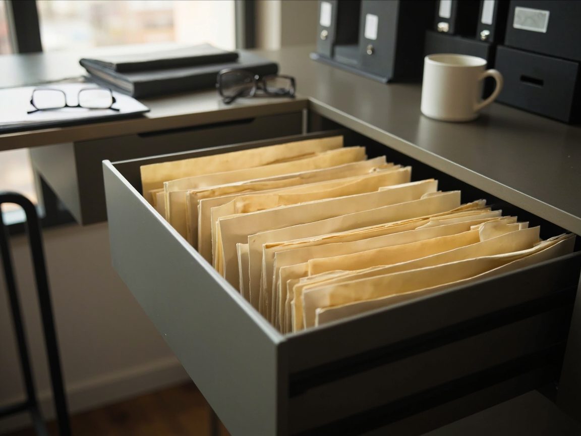 An open office filing drawer packed with manila folders beside a desk holding closed binders, two pairs of reading glasses and a white coffee mug in soft window light.