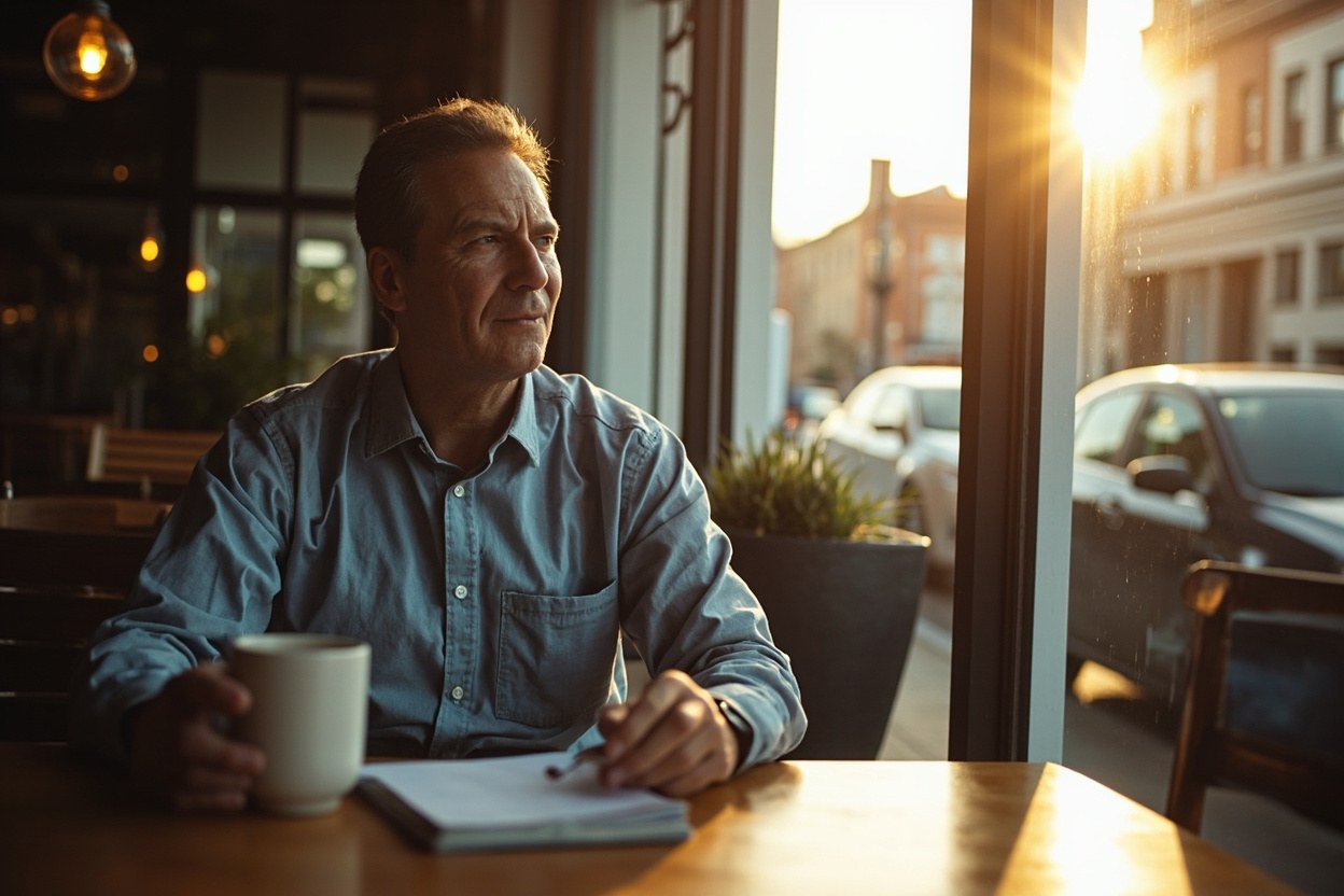 Small business owner with a coffee cup at a cafe table, daylight coming through the front window
