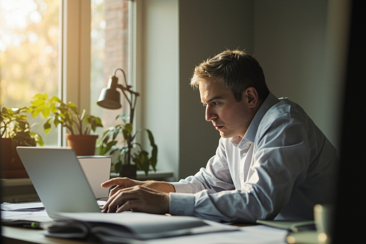 A small business owner reviews a government procurement portal on a laptop in a sunlit home office, soft morning daylight across the room.
