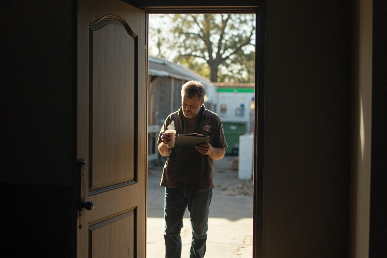 Small business owner in a converted warehouse doorway with a clipboard and a steaming coffee cup, mid morning daylight outside
