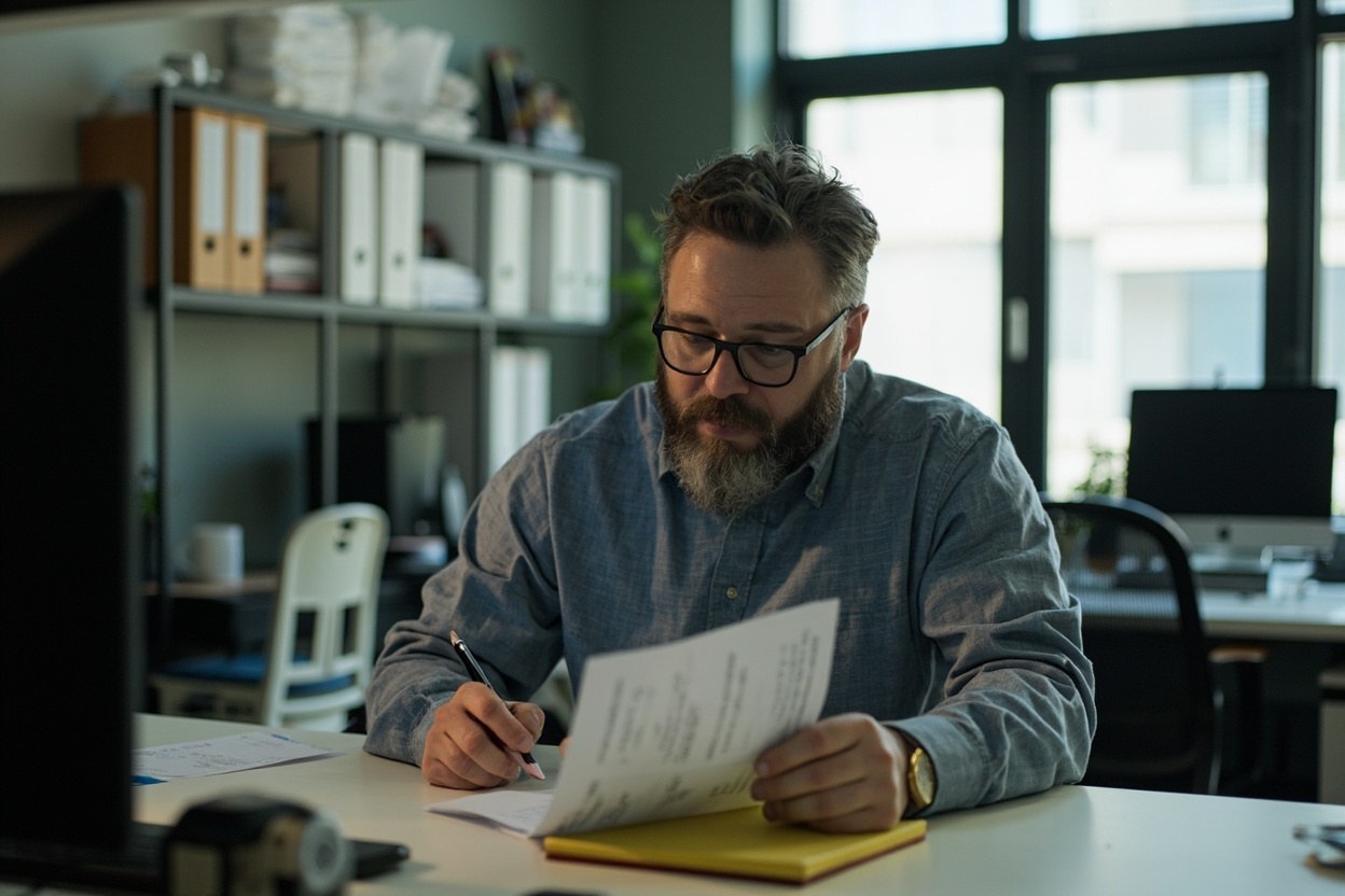 A contractor at a desk in a small business office interior, reading a printed case note and making notes on a yellow pad in morning light from a side window.