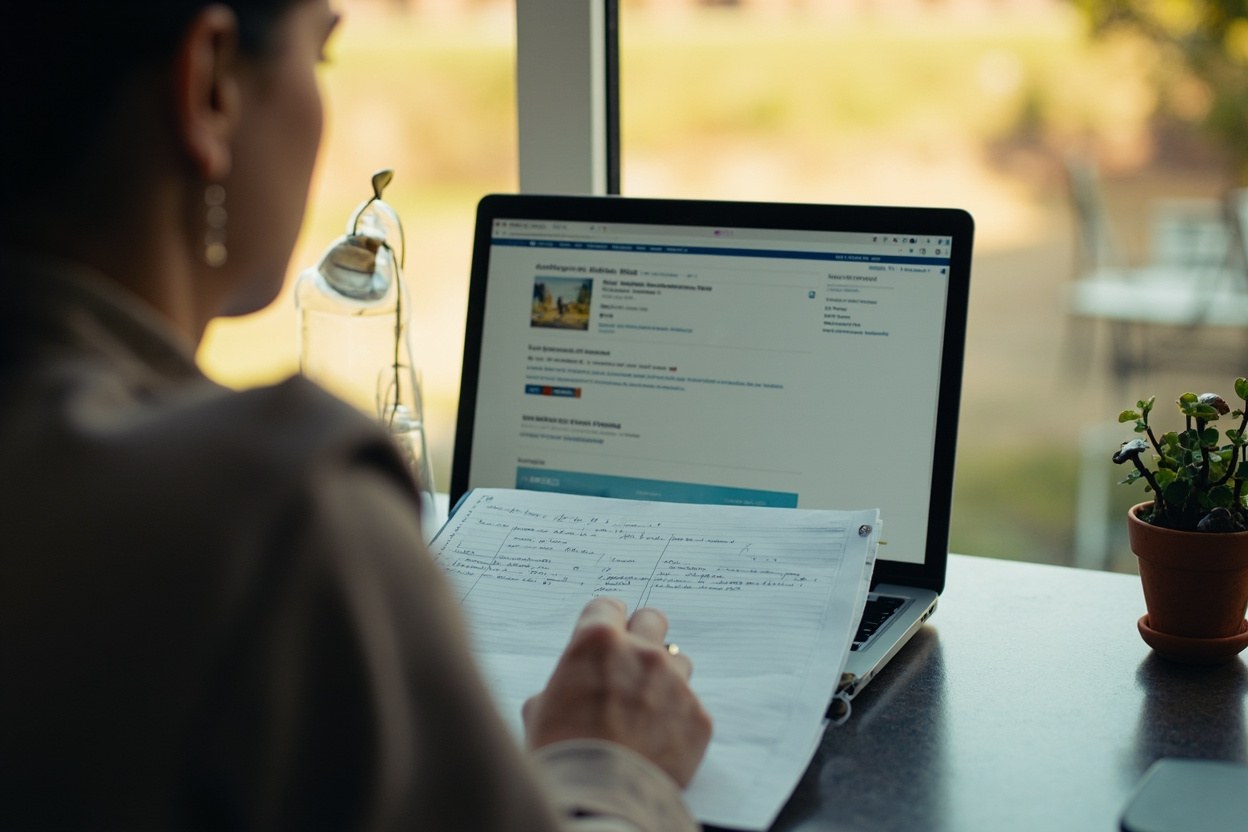 A person at a desk by a window in morning daylight with a notebook open