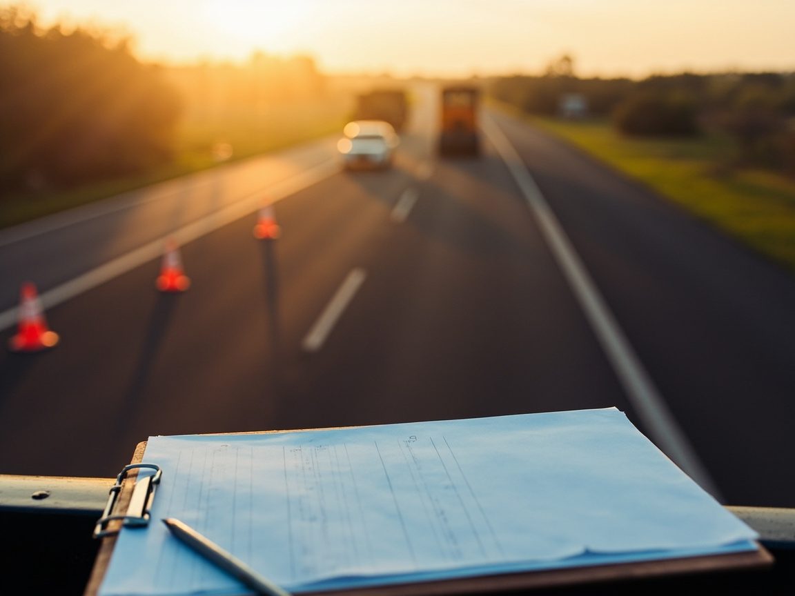 A clipboard holding a lined paper form and a pen rests on a truck's edge above a highway at sunrise, with orange traffic cones and road work vehicles blurred on the pavement ahead.