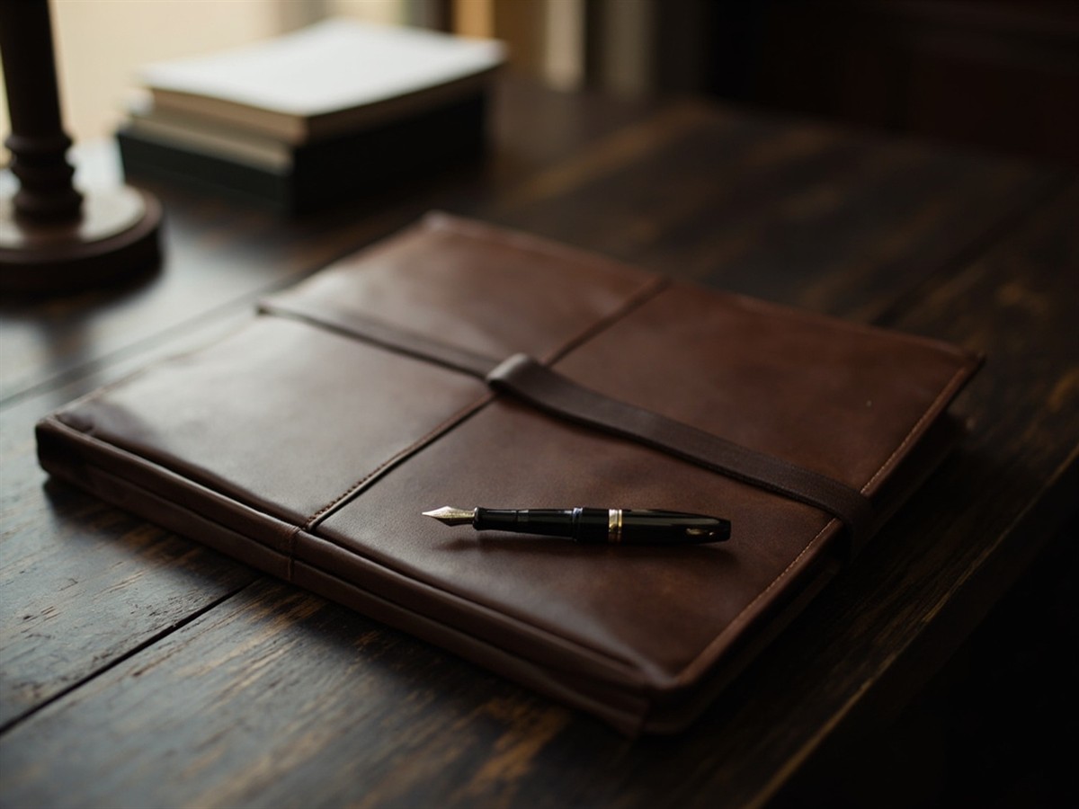 A closed brown leather portfolio and a fountain pen resting on a dark wood desk beside a brass lamp, with blurred books behind.
