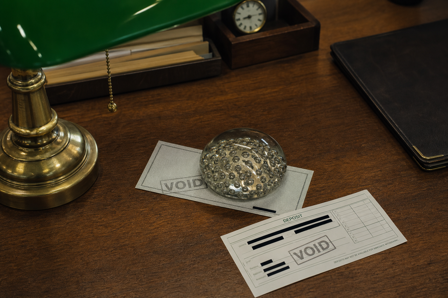 A voided check under a paperweight and a deposit slip with the numbers blacked out.