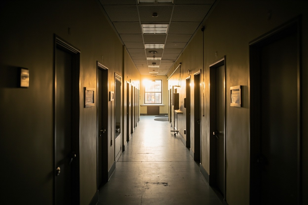 Long empty office corridor with closed doors, late afternoon daylight from a side window