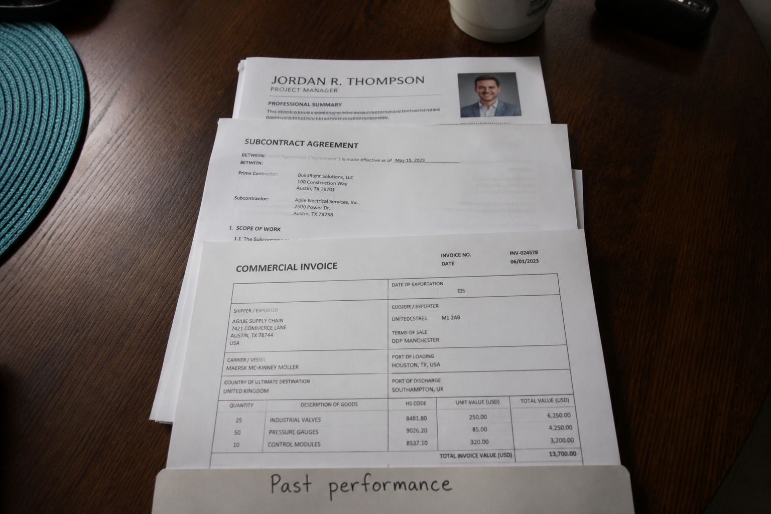 A commercial invoice, a subcontract, and a resume stacked as past performance.