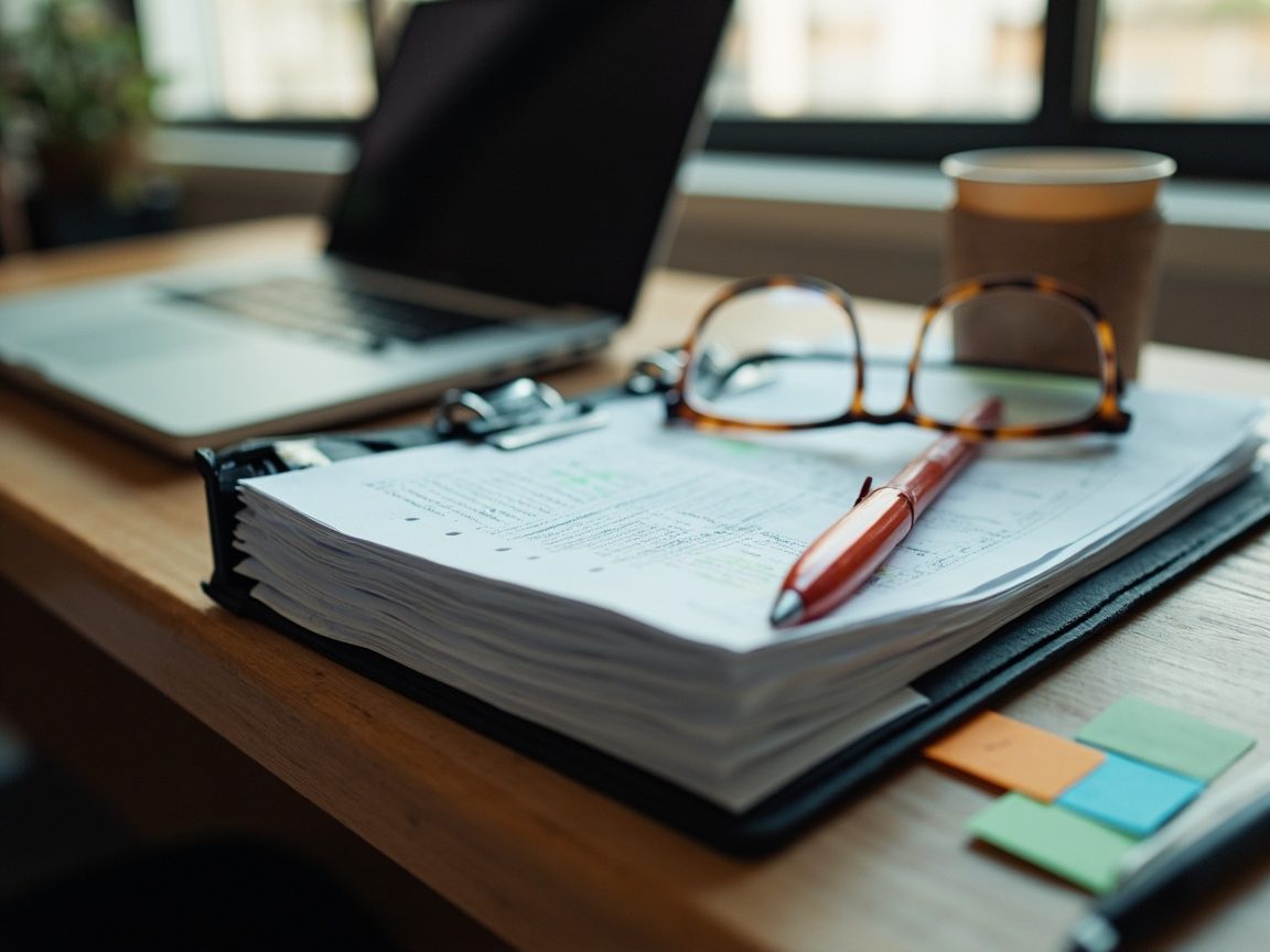 A thick binder-clipped stack of printed regulation pages marked with colored sticky tabs, with reading glasses and a red pen on top, on a wooden office desk beside a laptop and a coffee cup.