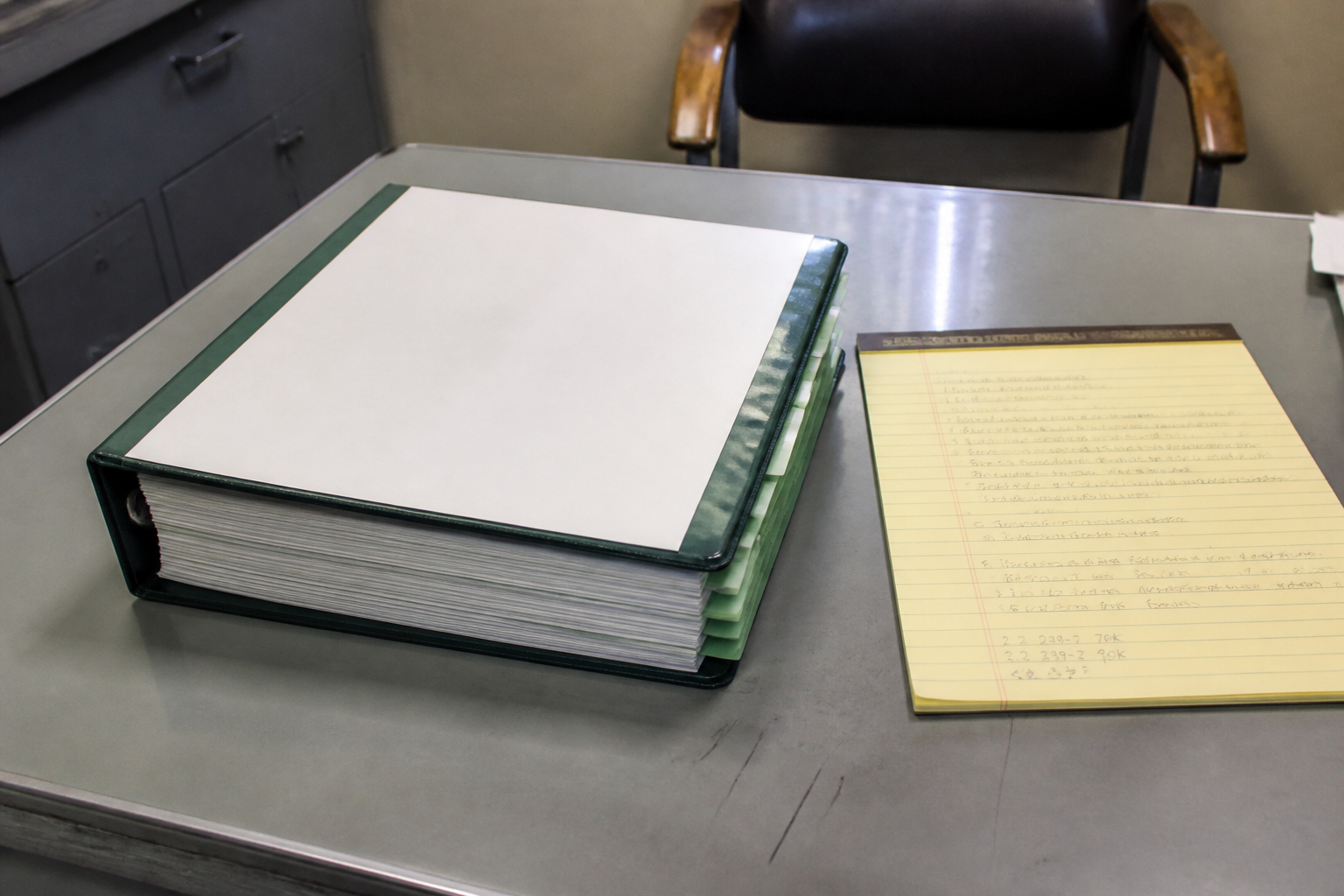 A thick green regulation binder and a yellow legal pad on a metal office desk.