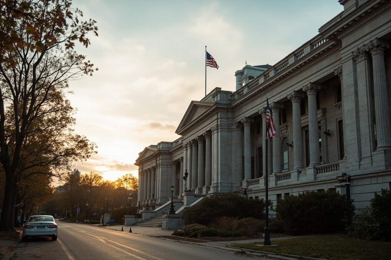 Wide view of a government building facade at dawn with American flags, in pale daylight