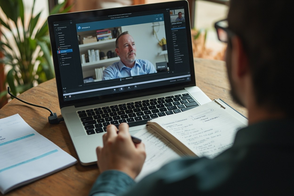 A small business owner on a video call with the Federal Service Desk, a notebook open beside the laptop showing a hand drawn timeline of ticket dates, warm interior light from a window.