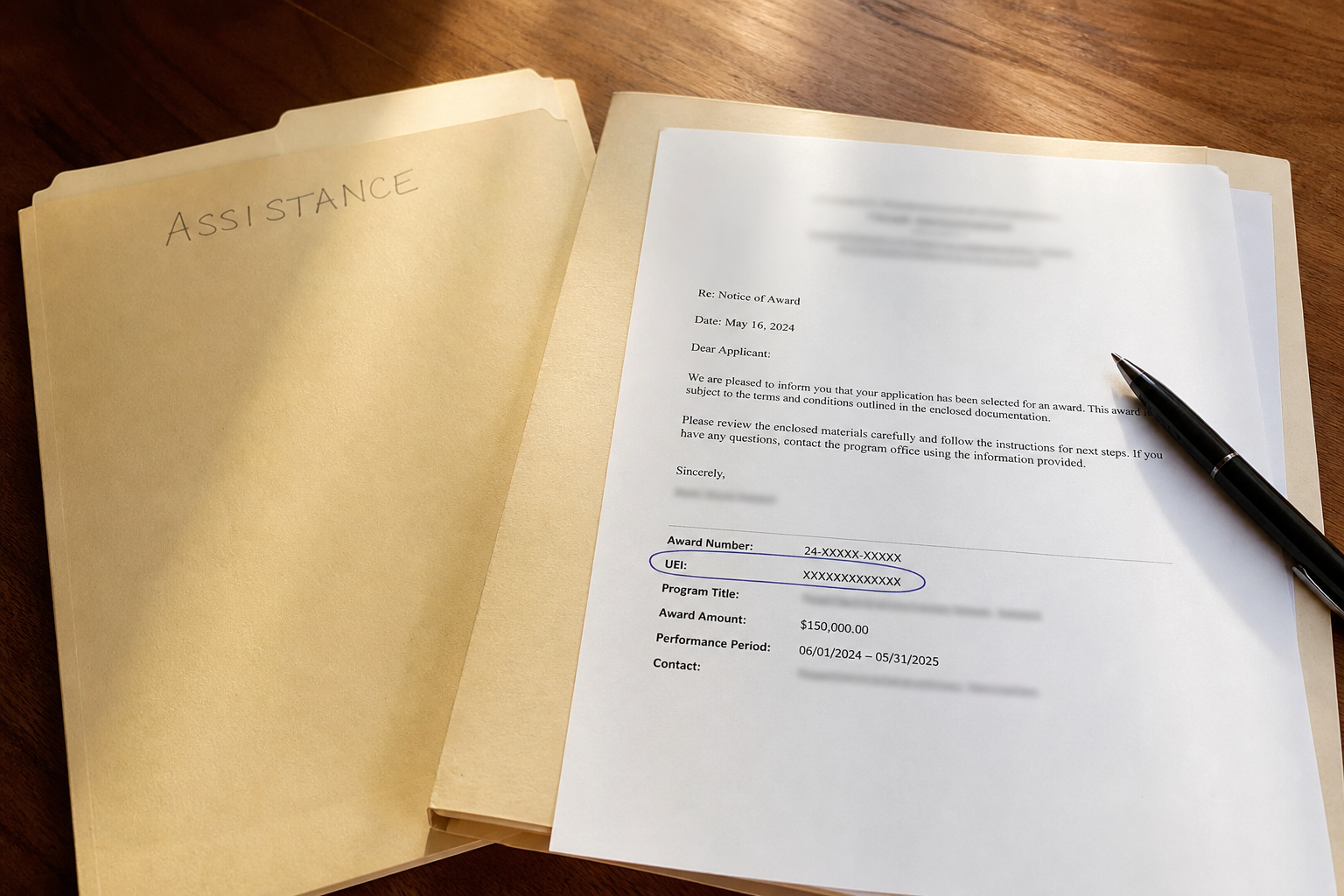A manila assistance folder and a generic award notice with a circled identifier field.