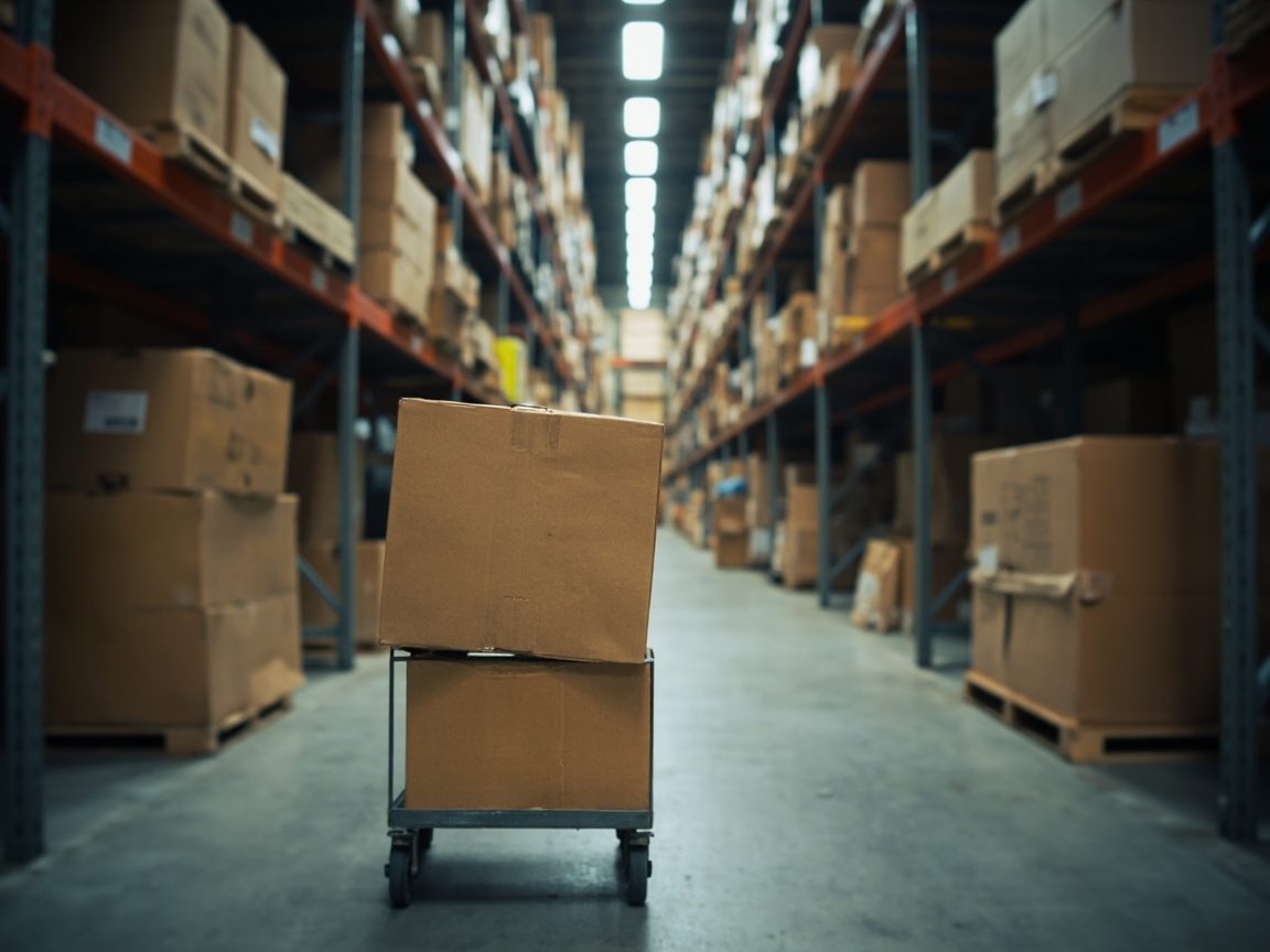 A long aisle of steel warehouse shelving stacked with plain cardboard boxes, with a small rolling cart carrying two boxes in the foreground on a concrete floor.