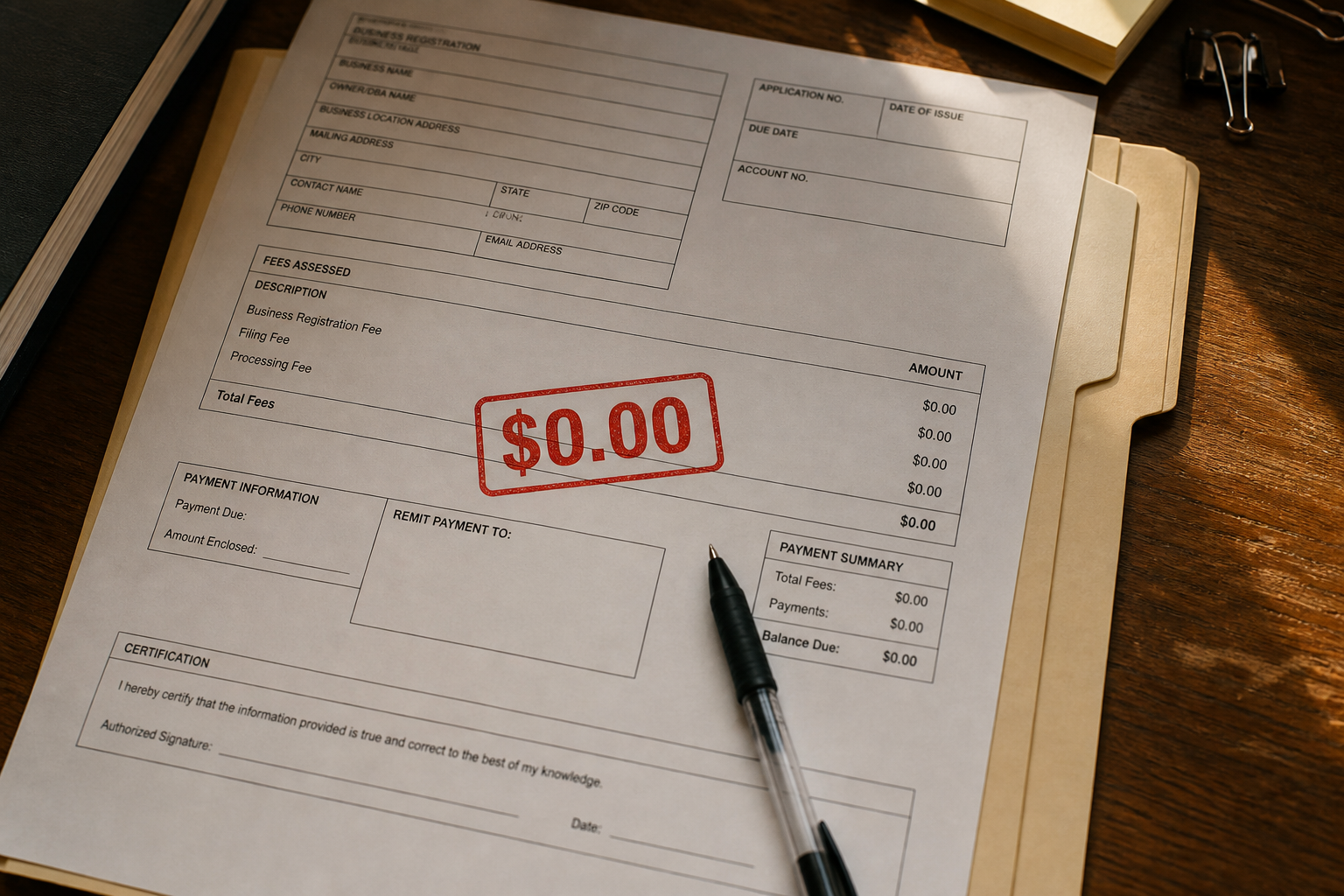 A paper form stamped $0.00 next to a pen and a manila folder.