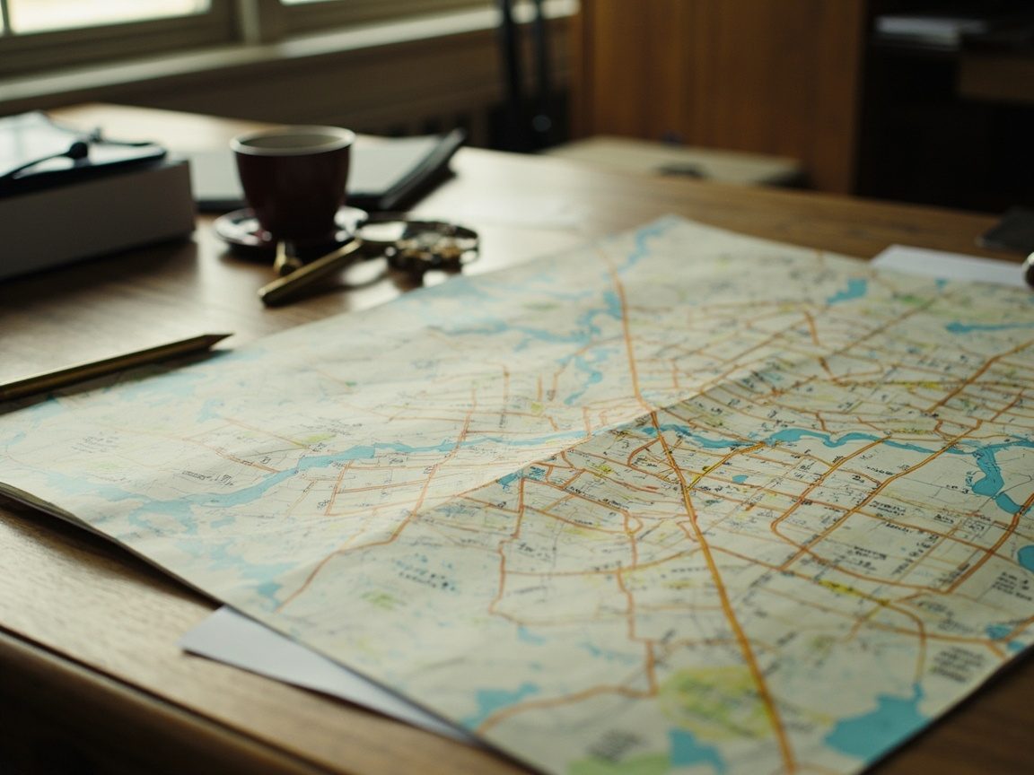 A large folded paper street map of a town spread across a wooden desk by a window, with a coffee cup, a pen and a set of keys in soft morning light.