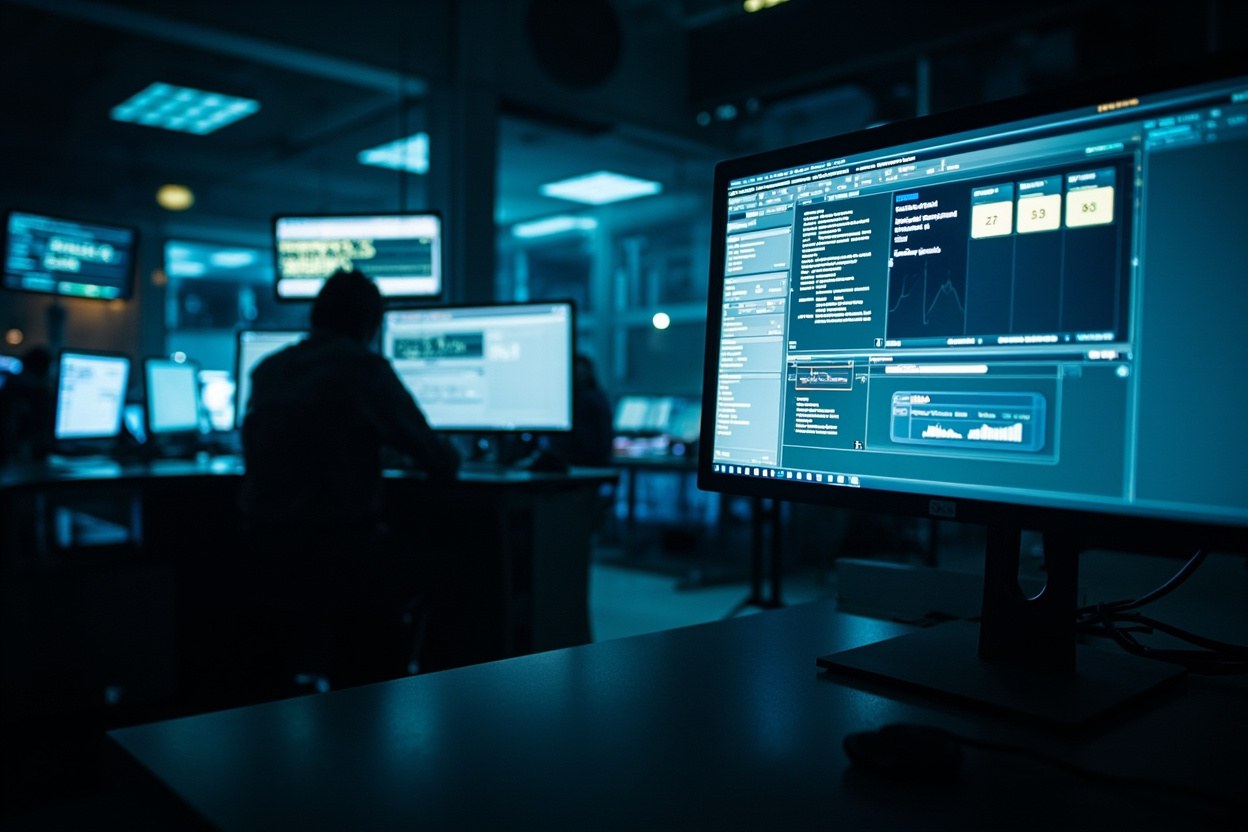 An operations centre with multiple monitors showing service status dashboards during a scheduled maintenance window, with engineers at a long table under overhead lighting.