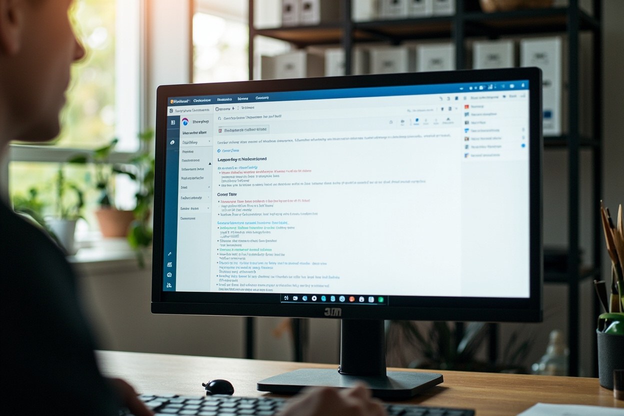 A monitor on a desk in a quiet office showing a SAM dashboard at midday