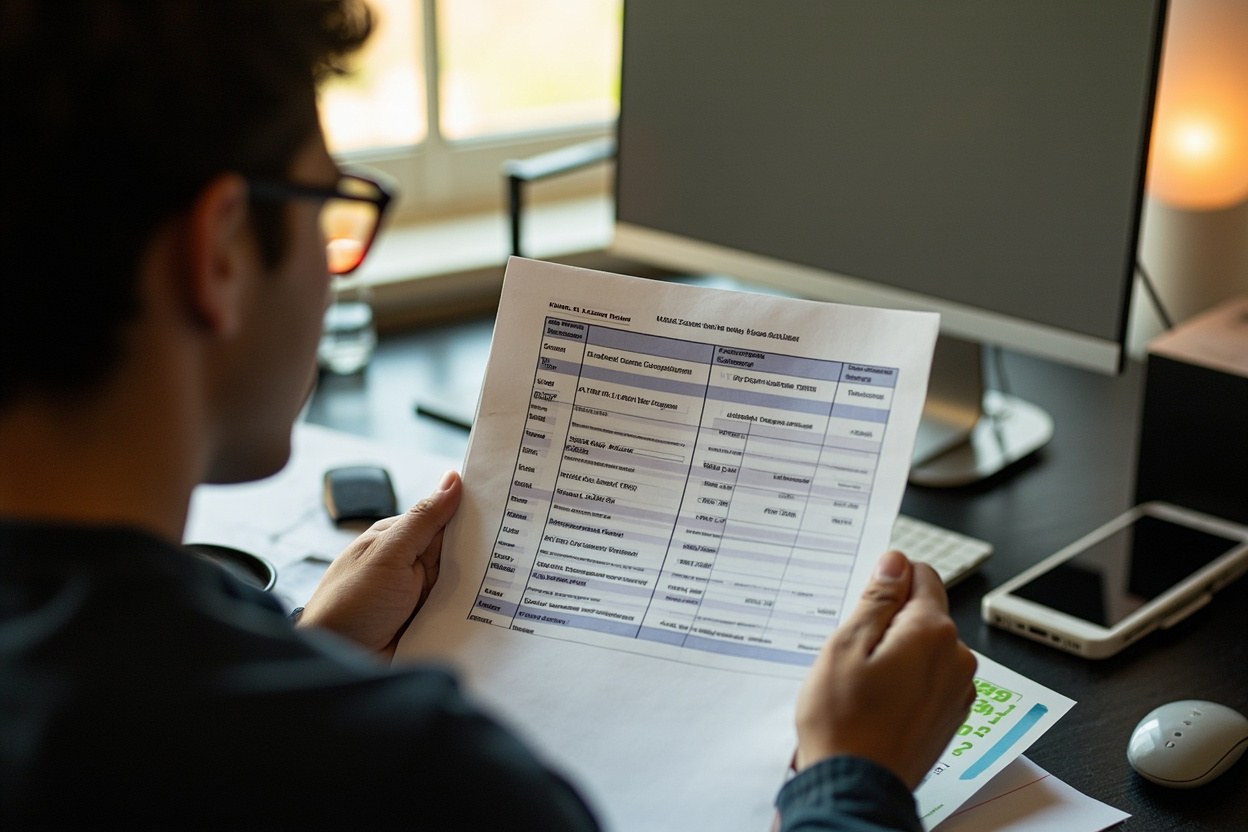 A federal contractor reviewing a printed case status sheet at a desk in a sunlit home office, the queue numbers visible on the page in soft morning daylight.