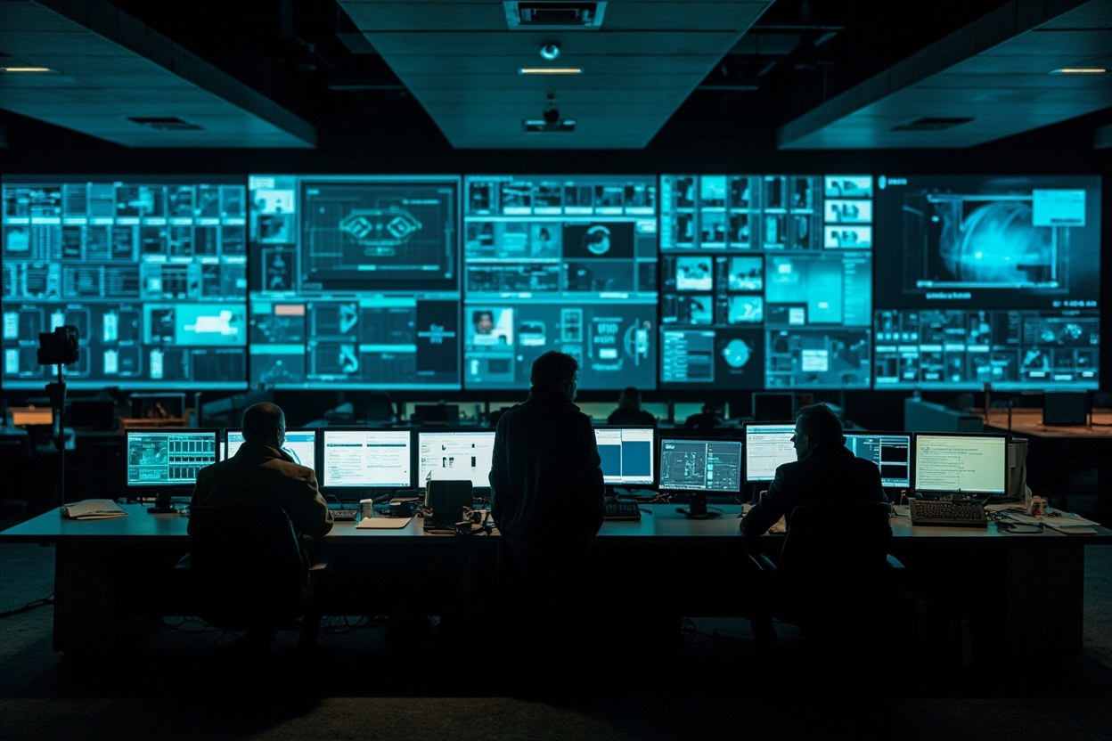 A dimly lit operations control room with a wall of glowing monitor panels and two operators at a long desk, viewed in cool blue light