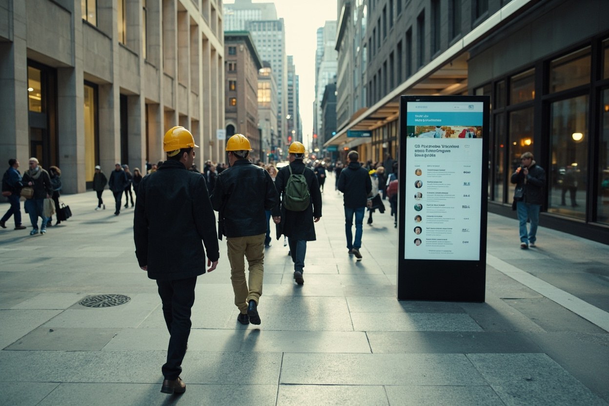 Wide daylight view of a federal building plaza with contractors walking past a digital information kiosk that displays a queue counter in green numerals.