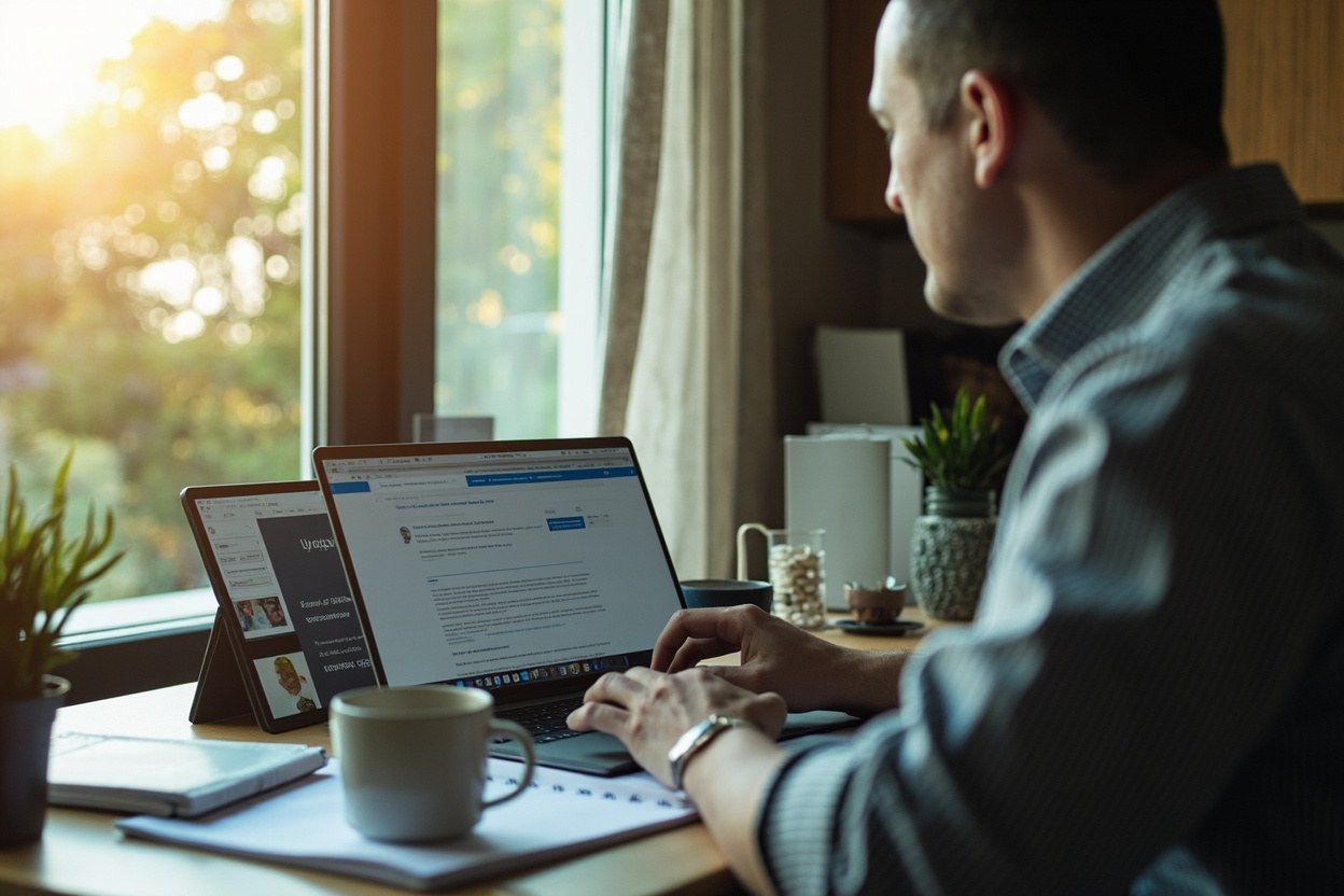 A contractor working at a desk in a home office in daylight, with a laptop and a notebook open and a coffee mug to one side, the laptop screen out of view.