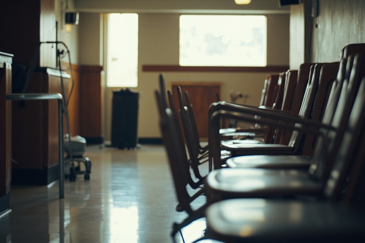 A queue of office chairs in a government building lobby in daylight, empty, with a service desk window visible in the background.