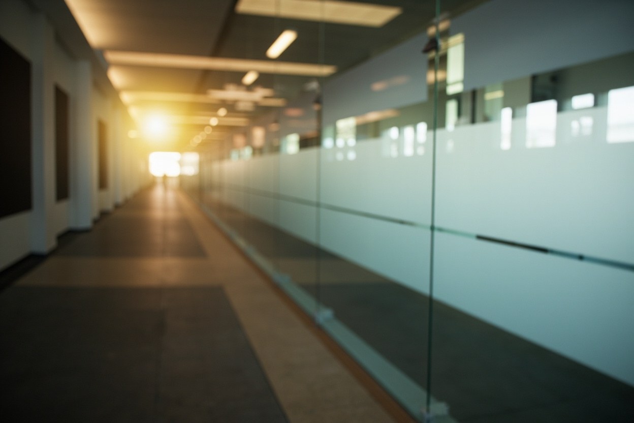 An empty office hallway with a glass wall behind a closed laptop, lit by warm overhead light in the afternoon.