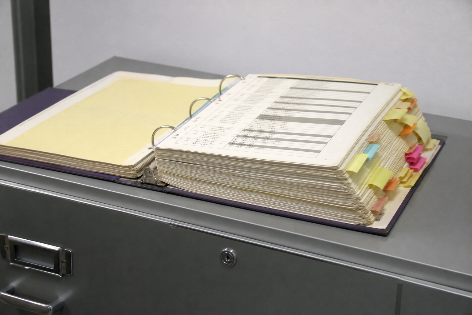 An industry classification binder with sticky tabs on a metal filing cabinet.