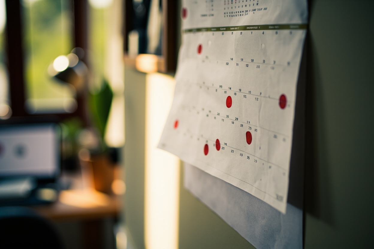 A wall calendar pinned above a desk in a small home office with morning daylight, red circles marking October contract deadlines