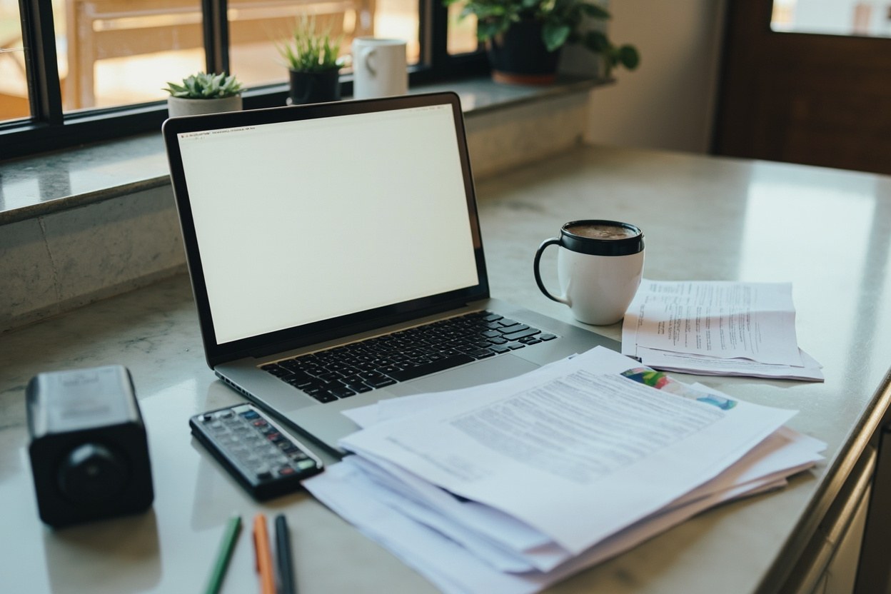 A laptop on a kitchen counter with a coffee mug and a stack of printed contracts in soft interior light.