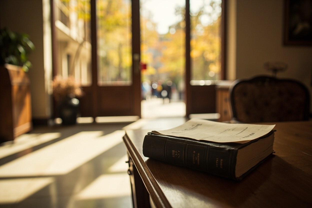 A printed copy of the Federal Acquisition Regulation sitting on a desk in a federal building lobby with autumn daylight coming through tall windows