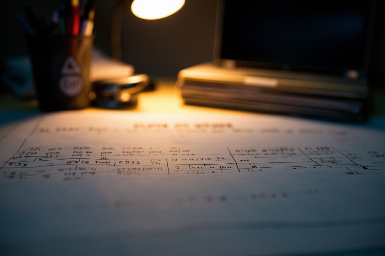 A close up of a paper clause table comparing old FAR and new GSAR clause numbers under a desk lamp at night