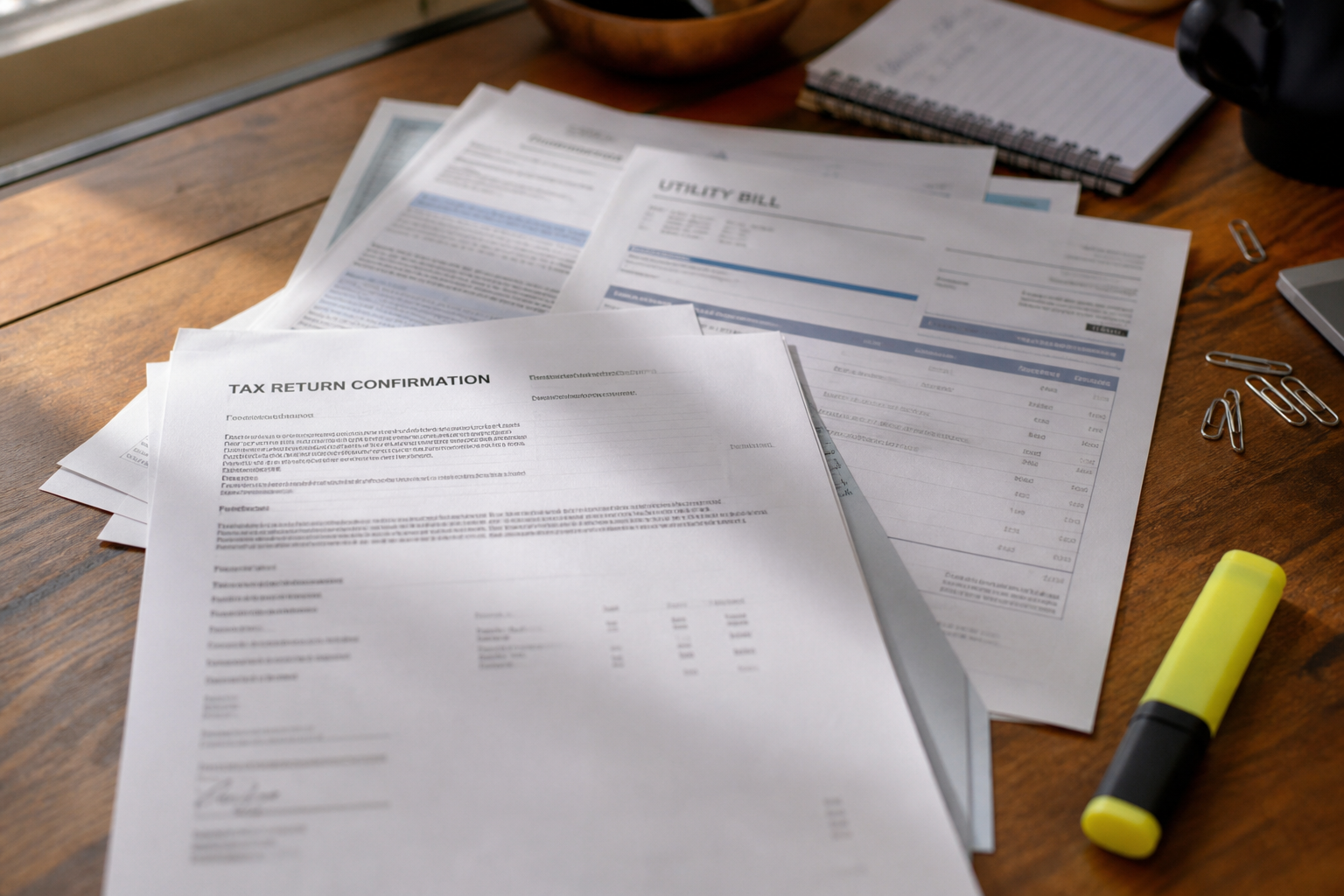 EIN letter and utility bill on a desk.
