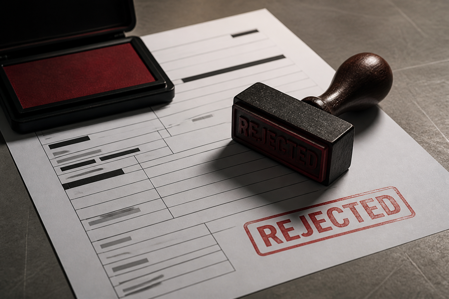 A red REJECTED stamp on a printed business form next to an ink pad.