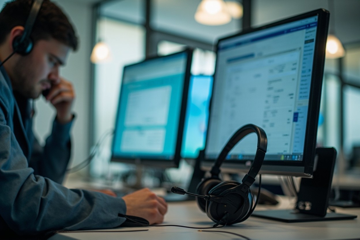 Close interior photograph of a help desk analyst's workstation showing two monitors and a headset resting on the desk, with the second monitor displaying a case tracking dashboard in soft amber light.