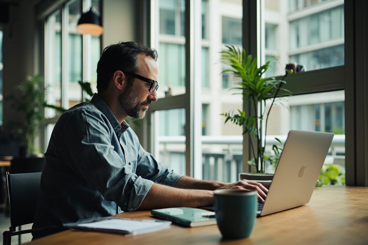 A small business owner at a desk in a bright co working space, laptop open to a SAM.gov style entity workspace, with a coffee mug and notebook beside the screen.